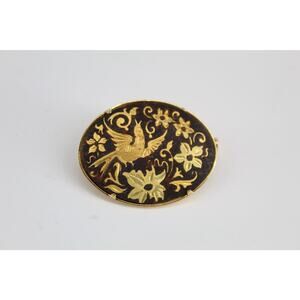 Vintage Damascene Style Bird Brooch Pin Black Gold Tone Floral Oval Spain Style